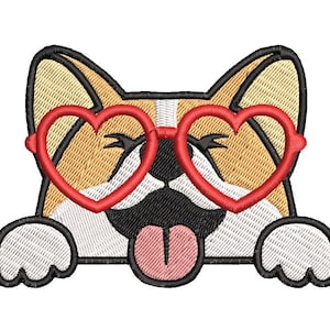 Funny Corgi Dog in Glasses Machine Embroidery Design, Happy Corgi in Red Heart Glasses Embroidery Pattern  3 size  - INSTANT DOWNLOAD