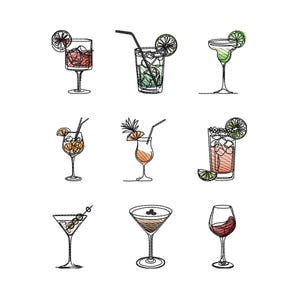 Puede incluir: Diseño bordado con nueve ilustraciones de cócteles diferentes. Cada bebida está en un vaso diferente, con adornos como rodajas de cítricos y hierbas. Las bebidas son de varios colores, con contornos negros.