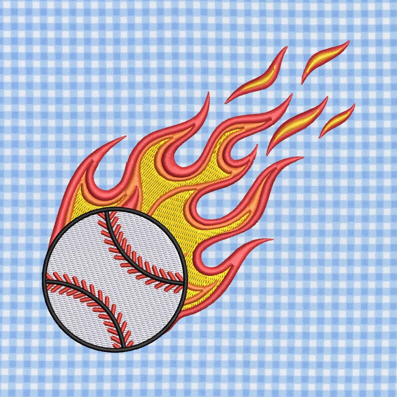 May include: Embroidered baseball with red stitching and a black outline, surrounded by stylized flames in yellow and red. The design is set against a light blue and white checkered background.