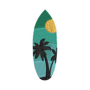 Surfboard With Tropical Palm Tree Embroidery Design, Palm Tree Beach Sunset Machine Embroidery Pattern, 6 Sizes - Instant Download