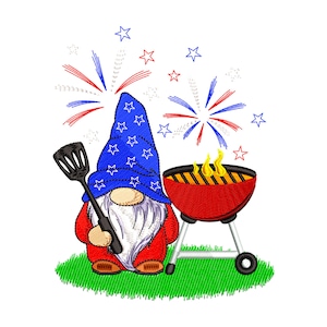 Barbecue Gnome Embroidery Design, 4th Of July Embroidery Pattern 3 size - INSTANT DOWNLOAD