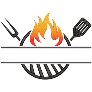 Grill Split Monogram Machine Embroidery Design, BBQ Embroidery Pattern, Barbecue Flame Embroidery Files 5 size  - INSTANT DOWNLOAD