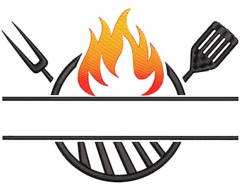Grill Monogramm Maschinenstickerei, BBQ Stickmuster, Barbecue Flamme Stickdatei Größe 5 - SOFORTIGER DOWNLOAD