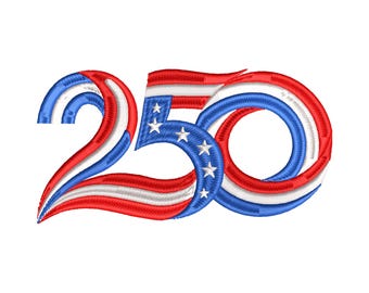 以下が含まれることがあります： 赤、白、青で「250」の数字を刺繍したデザイン。アメリカ国旗を模しており、「2」と「0」は赤と白のストライプ、「5」は白い星が入った青色。白い背景に配置されています。