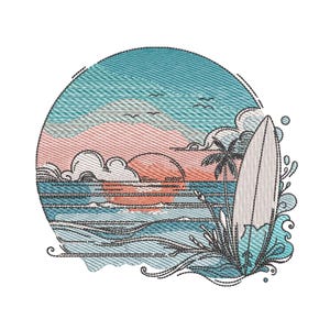Sunset Beach Surf Embroidery Design: Tropical Ocean Scene (5 Sizes - Instant Download)