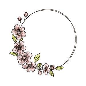 Broderidesign med blomcirklar, Sakura körsbärsblomskrans, maskinbroderifil, minimalistisk blomsterram, 6 storlekar, direktnedladdning
