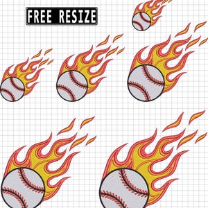 May include: Several baseballs with red stitching, each surrounded by stylized flames in yellow, orange, and red. The text "FREE RESIZE" is in a black rectangle at the top. The baseballs are set against a grid background.
