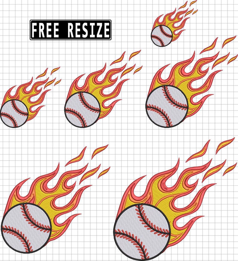May include: Several baseballs with red stitching, each surrounded by stylized flames in yellow, orange, and red. The text "FREE RESIZE" is in a black rectangle at the top. The baseballs are set against a grid background.