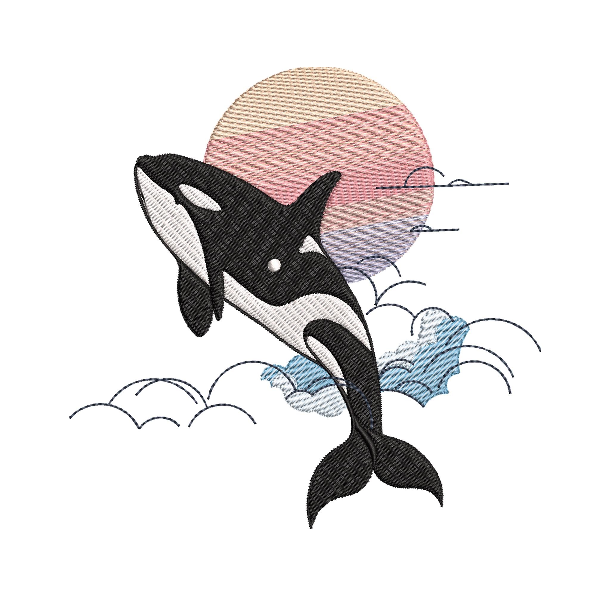 Retro Orca Machine Embroidery Design, Killer Whale Sunset Ocean
