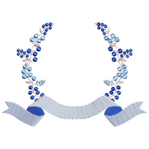 Motif de broderie Machine Couronne monogramme cadre bleu, motif de broderie couronne avec petits fruits et ruban taille 6 - TÉLÉCHARGEMENT IMMÉDIAT