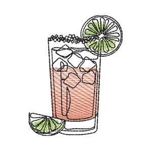 以下が含まれることがあります： ピンク色の飲み物と氷がたっぷり入った背の高いグラスで、ライムのくさび形が添えられています。グラスは黒い縁取りがされており、黒で縁取られています。