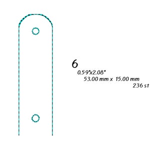以下が含まれることがあります： 丸みを帯びた角と2つの円を持つ長方形のタグのターコイズブルーのアウトライン。タグは0.59" x 2.08"または53.00 mm x 15.00 mmで、236ステッチがあります。