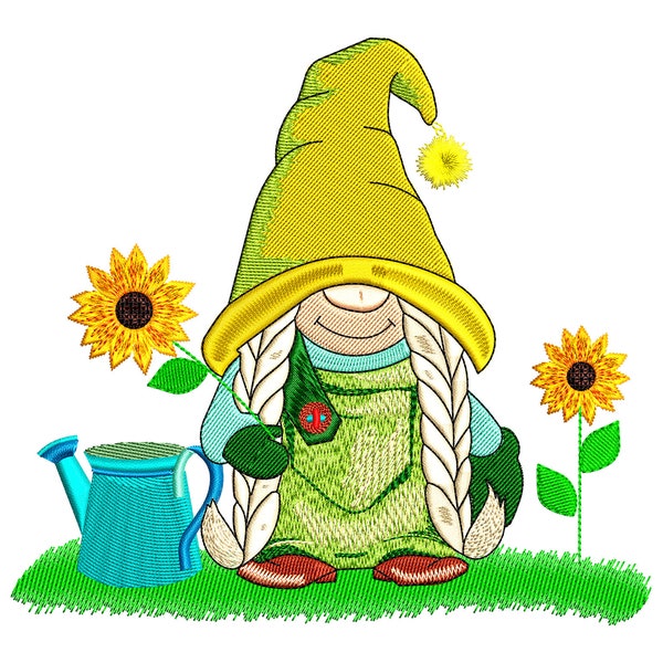 Gnome With Sunflowers Machine Embroidery Design, Garden Gnome Embroidery Pattern 3 size - INSTANT DOWNLOAD