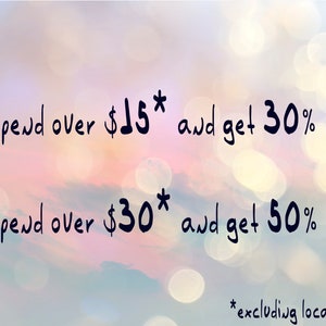 May include: A pink and blue background with white bokeh lights. Text reads: "Spend over &pound;15* and get 30% off. Spend over &pound;30* and get 50% off. *excluding local taxes"