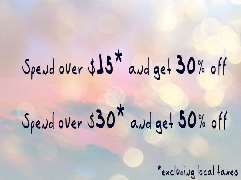 May include: A pink and blue background with white bokeh lights. Text reads: "Spend over &pound;15* and get 30% off. Spend over &pound;30* and get 50% off. *excluding local taxes"
