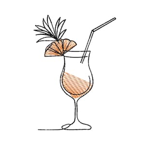 Puede incluir: Un dibujo de línea de un vaso de cóctel con una pajita, una rodaja de piña y una ramita de hojas. La bebida es de color marrón claro.
