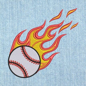 May include: Embroidered baseball with red stitching and a black outline, surrounded by stylized flames in shades of red, orange, and yellow. The design is set against a light blue denim background, creating a dynamic and sporty aesthetic.