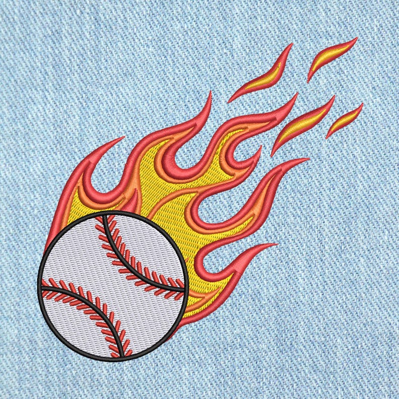 May include: Embroidered baseball with red stitching and a black outline, surrounded by stylized flames in shades of red, orange, and yellow. The design is set against a light blue denim background, creating a dynamic and sporty aesthetic.