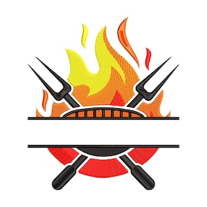 Split Grilling Tools Frame Machine Embroidery Design, BBQ Flame Embroidery Pattern, Grillmaster Embroidery File, 5 size  - INSTANT DOWNLOAD