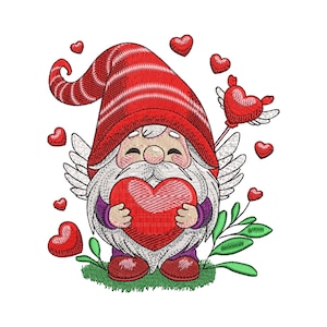 Diseño de bordado a máquina de gnomo de San Valentín, patrón de amor de corazón de Cupido