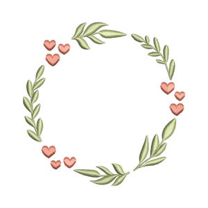 Puede incluir: Una corona de hojas verdes con corazones rosas alrededor del círculo.