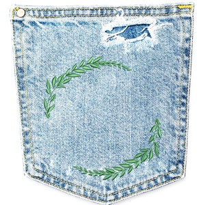 May include: A blue denim pocket with a green embroidered wreath design.