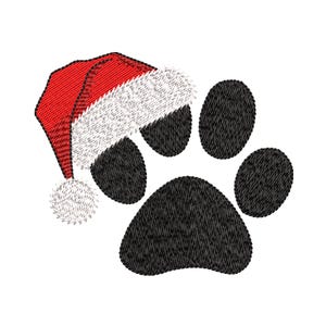 May include: A black paw print with a red and white Santa hat. The hat has a white pom-pom and trim. The paw print is made up of five oval shapes. The image is on a white background.