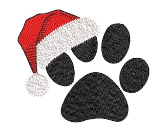 May include: A black paw print with a red and white Santa hat. The hat has a white pom-pom and trim. The paw print is made up of five oval shapes. The image is on a white background.