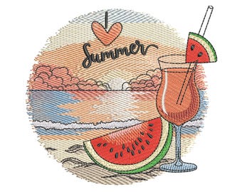 Summer Embroidery Design, Watermelon Cocktail Beach Sunset, Tropical Machine Embroidery File