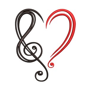 May include: A black treble clef and a red heart shape intertwined, forming a unique design.