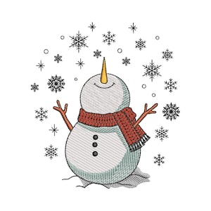May include: A cartoon snowman with a red scarf and a yellow carrot nose is standing in the snow with snowflakes falling around him.
