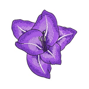 May include: A single purple flower with a white center. The flower has a delicate, embroidered texture.