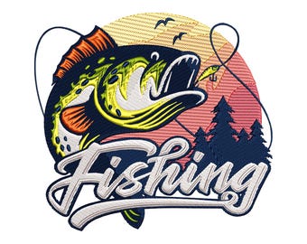 Fishing Embroidery Design, Bass Fish Machine Embroidery File, Instant Download