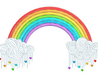 May include: A rainbow with red, orange, yellow, green, blue, indigo, and violet stripes. The rainbow is arched over two white clouds with blue swirls.  Hearts of different colors are hanging from the clouds.