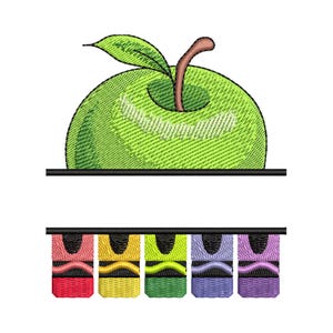 Buntstift & Apfel Split Monogramm Stickmuster, Back to School Rahmen Bordüre Stickmuster, Lehrer Geschenk, 6 Größen, SOFORTIGER DOWNLOAD