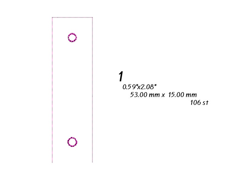 以下が含まれることがあります： ピンクの円が2つある白い長方形のカード。カードのサイズは0.59" x 2.08"または53.00 mm x 15.00 mm。カードのテキストは「1 0.59"x2.08" 53.00 mm x 15.00 mm 106 st」です