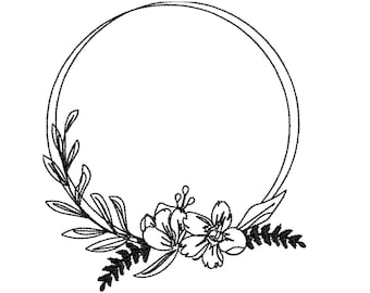 Disegno per ricamo a macchina di una ghirlanda floreale, cornice floreale minimalista, monogramma stilizzato.