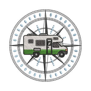 May include: Embroidered design featuring a white and green RV motorhome at the center of a compass rose. The compass is surrounded by a rope-like border and decorative blue accents, perfect for travel enthusiasts.