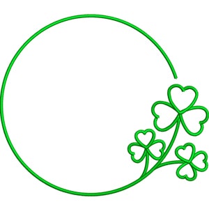 Może przedstawiać: Zielona okrągła ramka z wzorem koniczyny po prawej stronie.