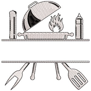Split Grilling Tools Frame Machine Embroidery Design, BBQ Flame Embroidery Pattern, Barbecue Embroidery Files 5 size  - INSTANT DOWNLOAD