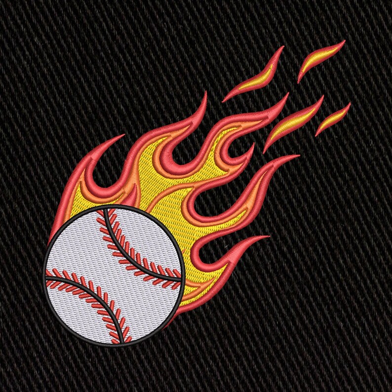 May include: Embroidered baseball with red stitching, surrounded by flames in shades of yellow, orange, and red, set against a black background. The design evokes speed and energy, suitable for sports-themed items.