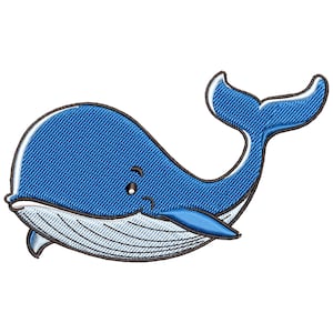 Puede incluir: Una ballena azul de dibujos animados con una cara sonriente y una barriga blanca. La ballena tiene un contorno negro y un ojo blanco.