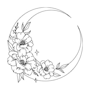 Floral Crescent Moon Line Art Machine Embroidery Design