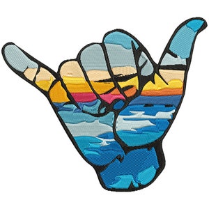 May include: Embroidered patch with a hand making the shaka sign. The hand is filled with a colorful design of a sunset over the ocean.