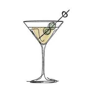 Pode incluir: Design bordado de um copo de Martini com uma bebida amarela e duas azeitonas verdes num palito. O copo tem uma haste longa e uma taça triangular. O desenho é delineado com fio preto sobre fundo branco.