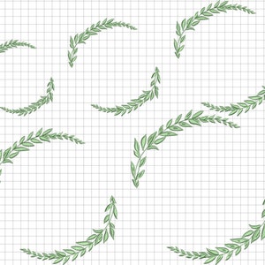 May include: Eight green leafy branches arranged in a circular pattern on a white grid background.