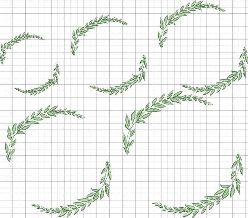 May include: Eight green leafy branches arranged in a circular pattern on a white grid background.