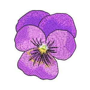 May include: Embroidered purple pansy flower with a yellow and black center. The flower has five petals with a detailed stitched texture and a black outline. The pansy is isolated on a white background.