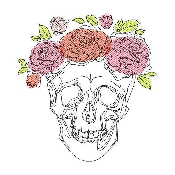 Skull Sketch Embroidery Design, One Line Art Machine Embroidery File, Skull With Rose Fill Ligh Embroidery Pattern 5 size, INSTANT DOWNLOAD