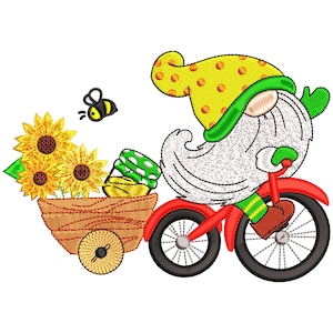 Kabouter op fiets machineborduurontwerp, borduurpatroon zonnebloemen en bij, zomerkabouter met kar, 3 maten - INSTANT DOWNLOAD